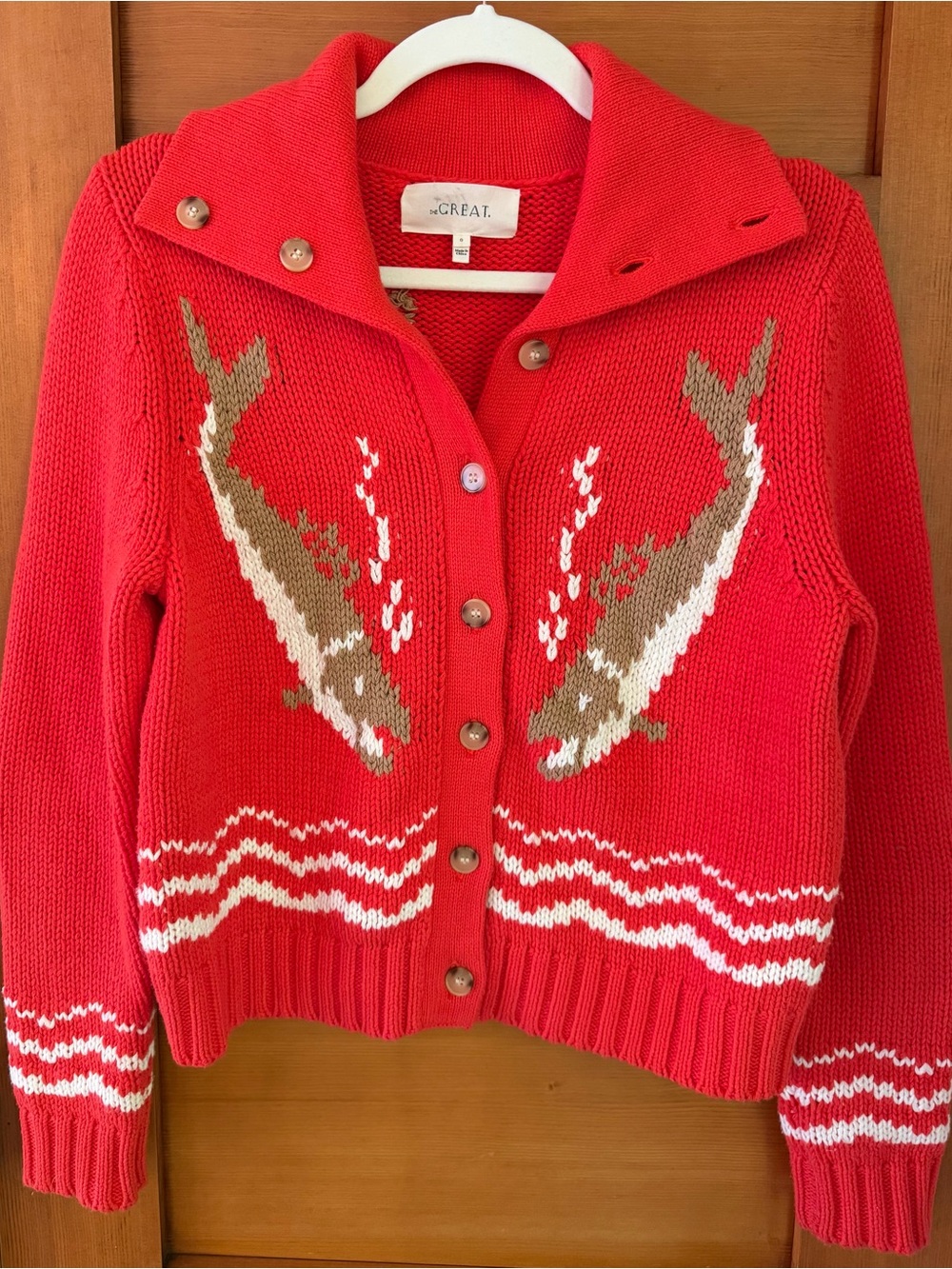 The GREAT Bass Cardigan Red Bass Fish Knit Sweater XS 0 Shrinking Cobie Smulders